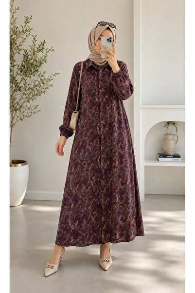 ZGfashion Şal Desenli Düğmeli Gömlek Yaka Uzun Kollu Viskon Maxi Gömlek Elbis...