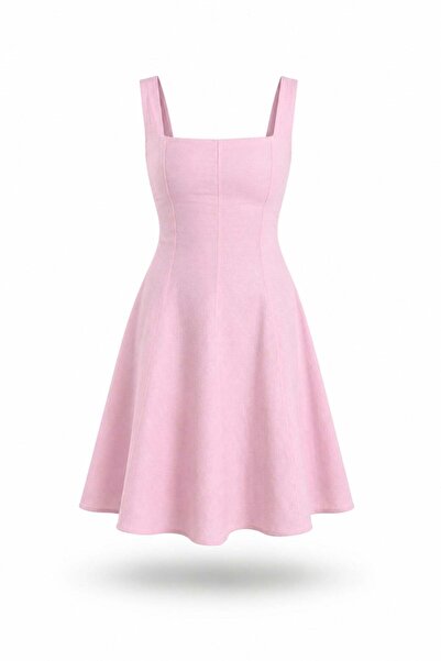 5in1Canpolat Pembe Kare Yaka Mini Elbise 05226