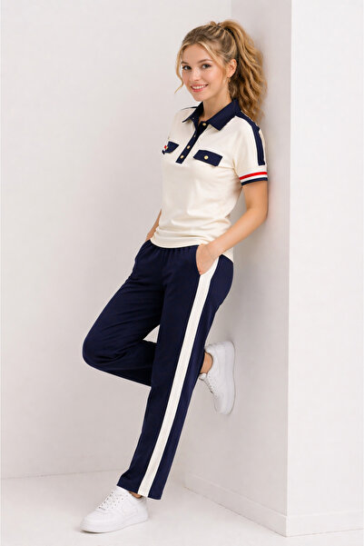 CyRo Women's Modal Fabric Short Sleeve Polo Collar Striped Sports Tracksuit Set