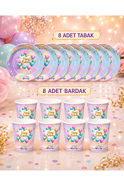 Doğasüs Dondurma temalı happy birthday baskılı renkli 8 li tabak bardak set