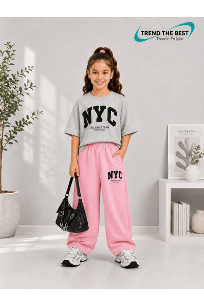 TREND THE BEST Trendin En İyisi Summer Girls' Nyc Printed Pink Sweatpants and...