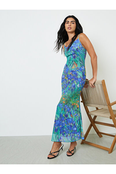 Styli Green Floral Mesh Overlay Maxi Dress