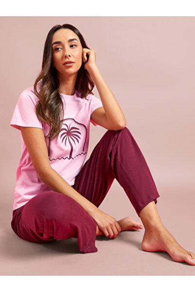 Styli Palm Graphic Print T-Shirt and Straight Leg Pyjama Set