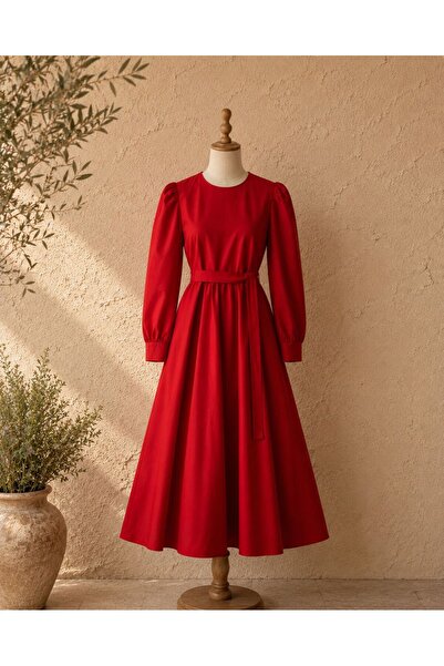 KÜÇÜĞÜM BUTİK Hijab Red Flared Poplin Dress