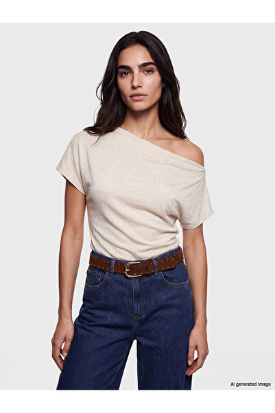 LC Waikiki Lcw Vision Beige Boat Neck Linen Blend Women's T-Shirt