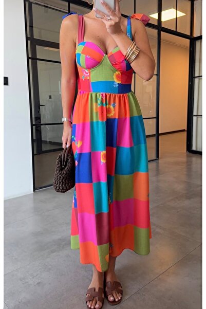 Butik Renkli Çiçek Desenli Maxi Elbise