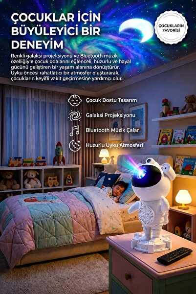 Maybax Astronot Aurora Galaksi Projeksiyon Gece Lambası Bluetooth Hoparlörlü Uzaktan Kumandalı LED Işık