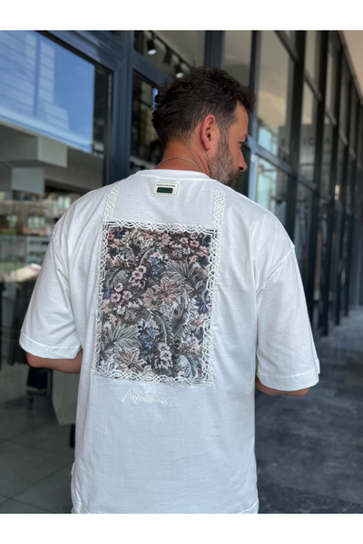 BYBASICMAN White Vintage Floral Patch Oversized T-Shirt Res-1125