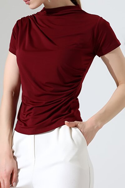 Sabr Sandy Fabric Degaje Collar Draped Short Sleeve Women's Blouse