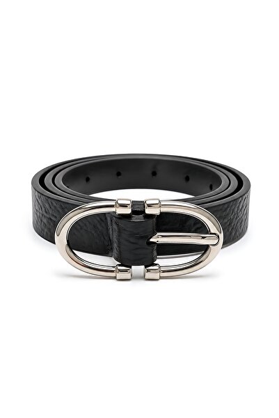SHAKA Black Shk3006 Women's Half Oval Silver Buckle Thin Faux Leather Waist Belt