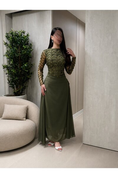 Jood Long Evening Dress with Sparkly Embroidery and Sheer Sleeves