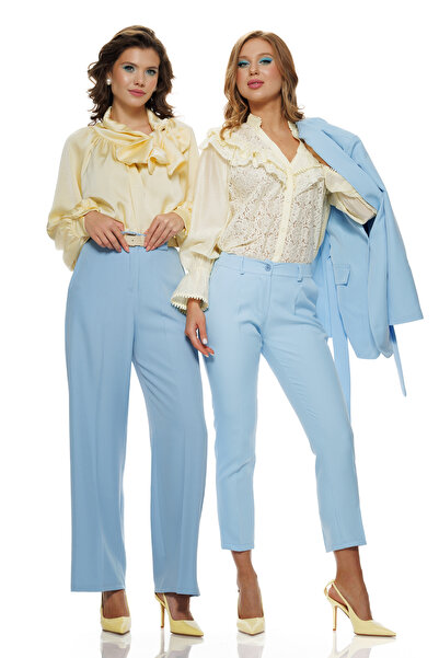 Fofy Compleu dama elegant baby blue sacou cu revere si cordon pantalon conic