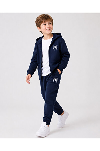 han elegant Zippered Spider Printed Boys' Top and Bottom Tracksuit Set