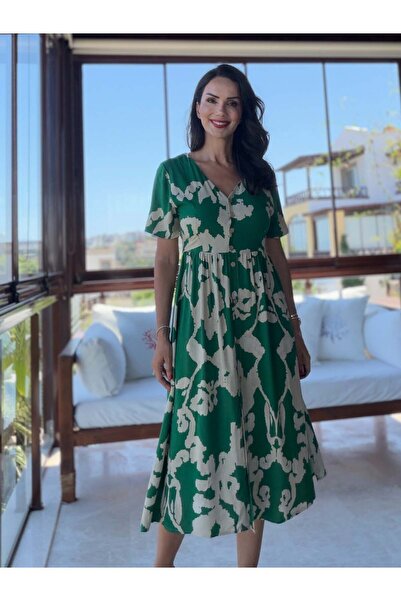 Atelier Derin Green Tie-Dye Detailed Short Sleeve Dress