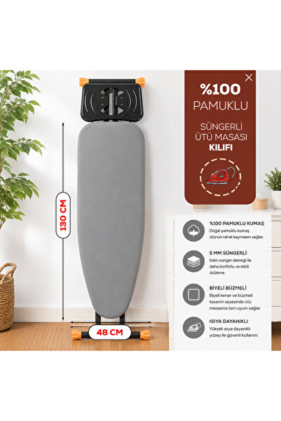 loca sweet home 48x130 cm Düz Gri Ütü Masası Kılıfı | %100 Pamuklu Kumaş | 5 ...