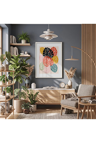 KOLAJTASARIM Tablou colorat abstract Monstera, cu ramă din lemn alb, decor po...