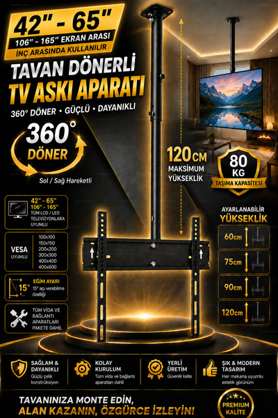 nelerbulurum Tüm TV Markalarına Uyumlu Ultra Dayanıklı Tavan Tipi TV Askı Apa...