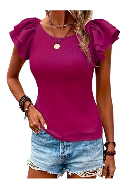 OEM Tricou dama, casual, roz, cu umeri volane, S