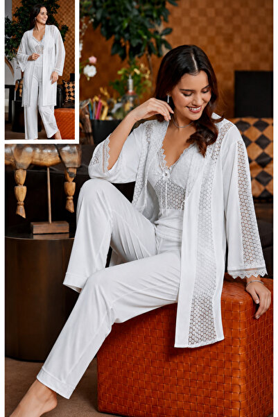 Generic Brand Combed Cotton Lace Detailed 3-Piece Pajama Set – Soft Textured ...