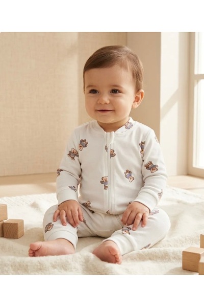 AKİ MODA KİDS Cute Teddy Bear Patterned Zippered Baby Romper