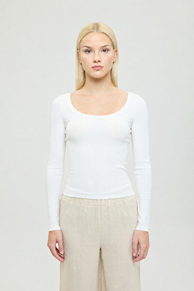 SHEISMONO Soft Rib Oval Yaka Bluz Ekru