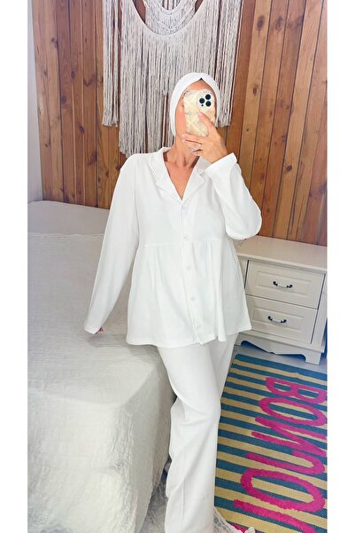 ByGamzeArman Hijab Boneli White Color No-Show Cotton Fabric Maternity Pajama Set