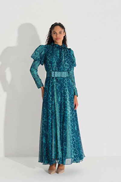 miha Hicran Önal Leopard Printed Corset Detailed Dress Green