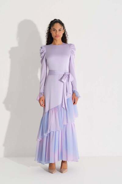miha Hicran Önal Ruffled Hem Chiffon Dress Lilac