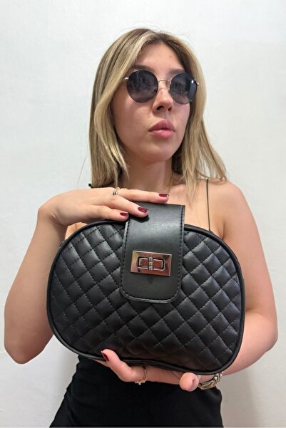 MAİSONRC Women's Black Quilted Patterned Shoulder and Hand Bag with Lock Detail