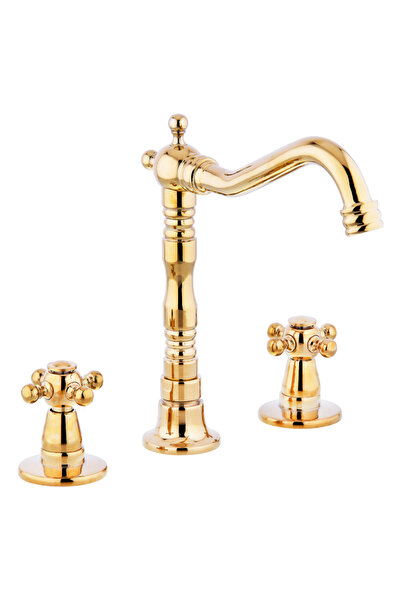 LPD Altın Ankastre 3 Delikli Koç Kuğu Lavabo Bataryası (%100 Pirinç , Lüx)