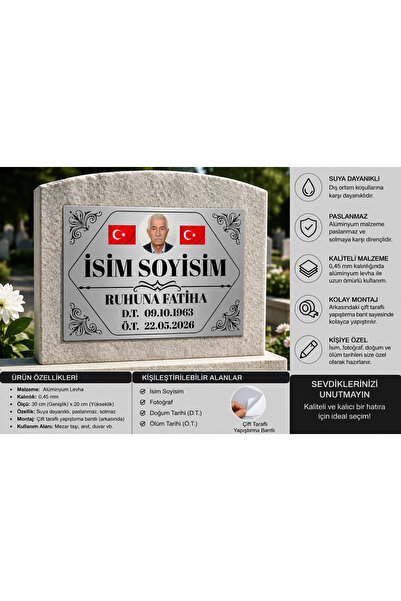 HobiShop Kişiye Özel Fotoğraflı Mezar Levhası 30x20 cm - Metal İsimlik - Çift Taraflı Bantlı - Suya Dayanıklı Gümüş