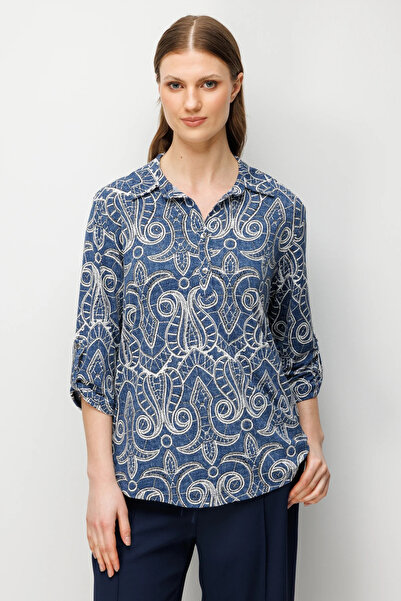 ON Women's Plus Size Collared Buttoned Patterned Blouse 71392 Denim