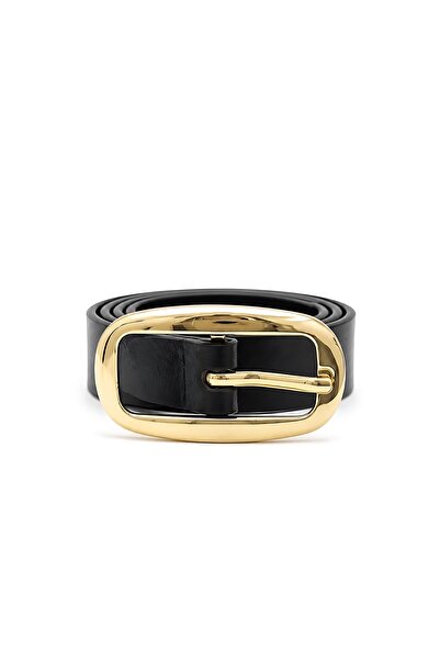 SHAKA Black Shk3017 Women's Thin Oval Gold Buckle Faux Leather Waist Belt