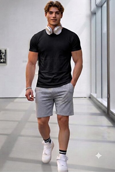 NO 601 Tricou negru oval slim fit pentru bărbați, pantaloni scurți gri din bu...