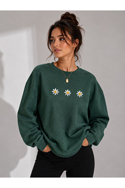caddekombin Women's 3-Piece Daisy Printed Crew Neck Sweatshirt