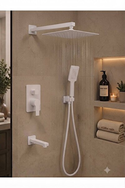 kerimyapı Premium Beyaz Ankastre Duş Seti – Yağmurlama Tepe Duş ve El Duşlu G...
