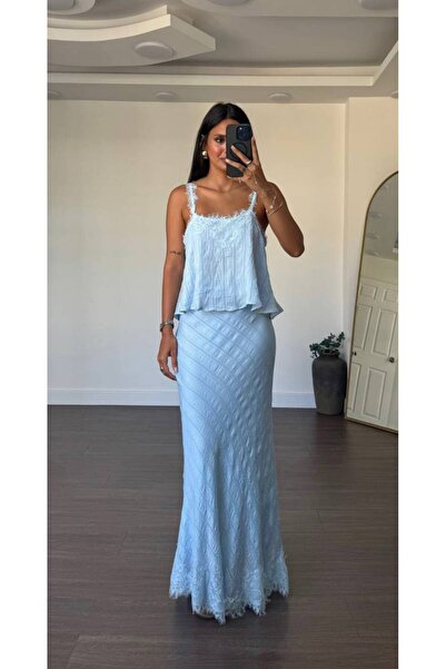 MAESTRO WOMAN Women's Baby Blue Lace Detailed Strappy Flowy Blouse Pencil Ski...