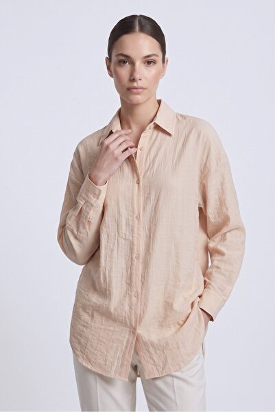 Saade Beige Relaxed Fit Textured Basic Shirt with Low Shoulder Effect