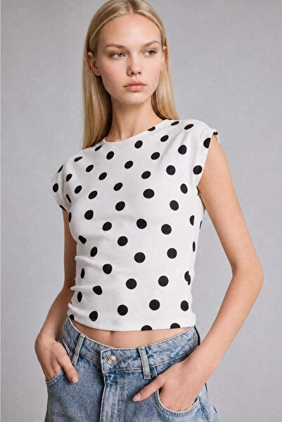DeFacto Slim Fit Crew Neck Polka Dot Ribbed Short Sleeve T-Shirt I1837Ax26Hs