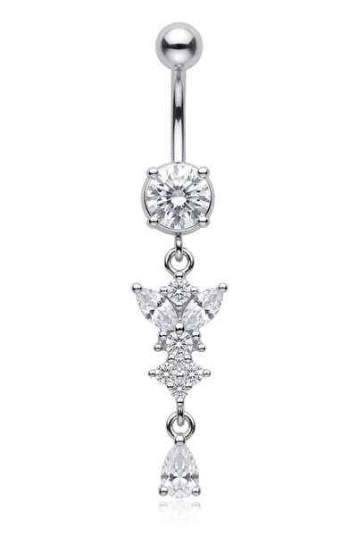 Jaida Moda Gümüş Renk Sallantılı Zirkon Taşlı Çelik Göbek Piercing