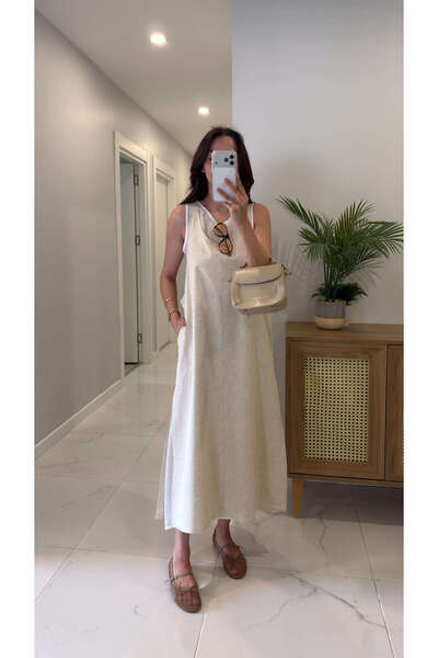 BİRCANÇİL Pokles Stone Self-Patchwork Sleeveless Linen Dress