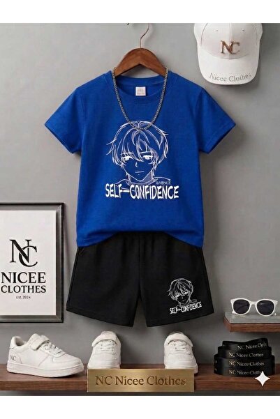 NC Nicee Clothes تي شيرت صيفي للأطفال شورت يونيسكس (مطبوع عليه ثقة بالنفس)