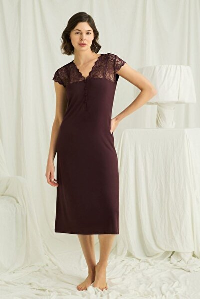 Generic Brand Lace Front Buttoned Nightgown with Sleeve Shoulder and Collar