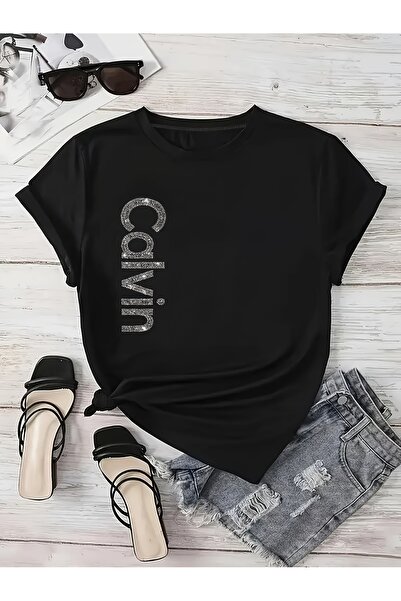 799 A Black Women'S T-Shirt Letter Print in Plus Size, Featuring a Easy Styli...