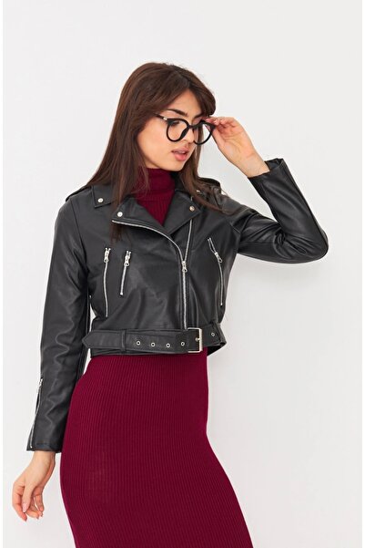 ginger love Women's Black Belted Zipper Detailed Faux Leather Biker Jacket