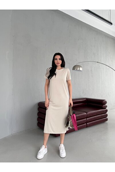 Veni Life Women's Crew Neck Short Sleeve Side Slit Midi Dress