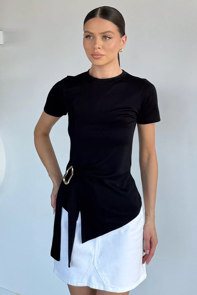 Aryena Black Women's Blouse with Buckle Side Tie