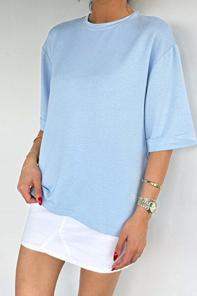Aryena Blue Gülseli Sleeve Folded Slit T-Shirt