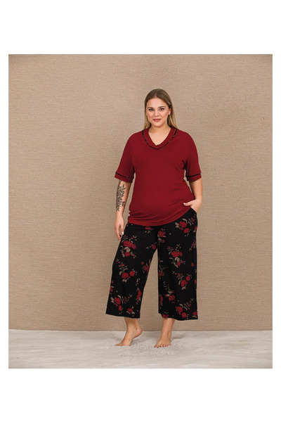 Yare Burgundy Floral Capri Plus Size Pajamas
