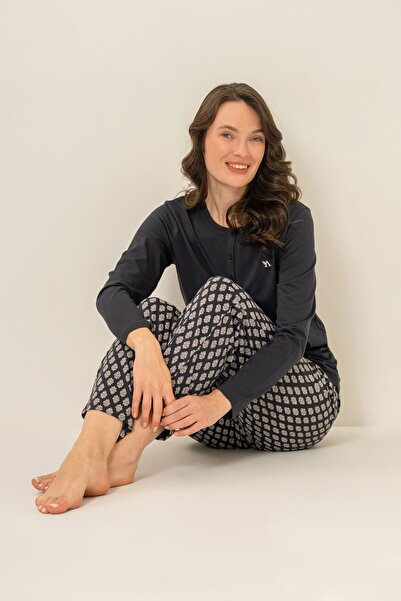 Arnetta Women's Embroidered Anthracite Long Sleeve Pajama Set Ar3749-S-V1